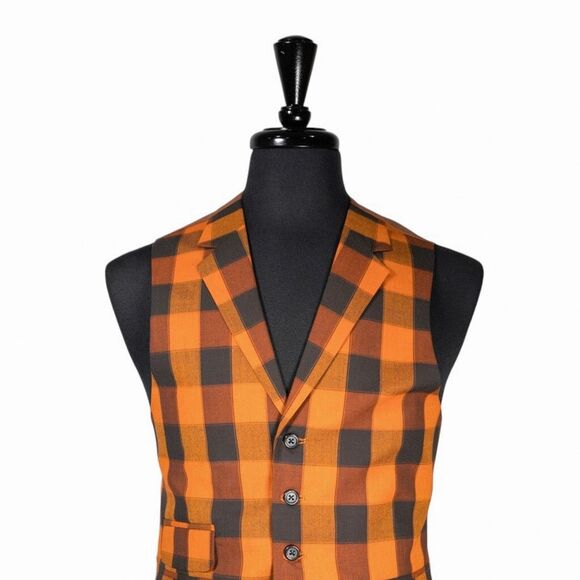 Mens Waistcoat Suit Lapel Vest 40R Orange Green Plaid Check Formal Wedding Party - Picture 4 of 9